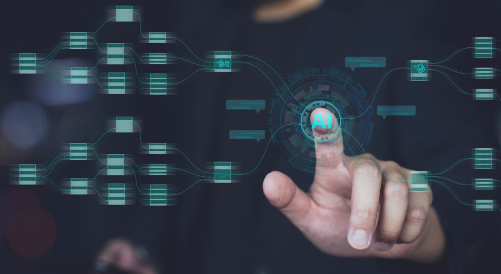 A imagem mostra uma mão humana, em destaque, tocando uma interface digital futurista.