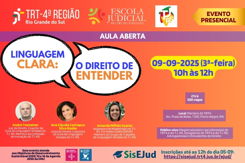 Cartaz de evento do TRT-4ª Região sobre linguagem clara no direito, marcado para 09/09/2025, das 10h às 12h, em Porto Alegre.
