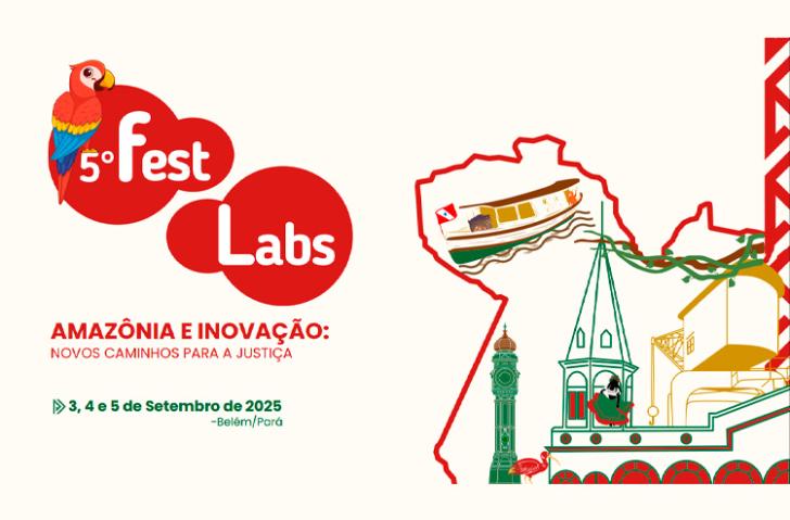 Arte gráfica nas cores verde, vermelho e branco. Do lado esquerdo, arte de uma arara-vermelha com os dizeres: 5º Fest Labs. Amazônia e Inovação. 3, 4 e 5 de setembro de 2025 - Belém/ Pará. Ao lado direto ilustração do mercado do ver-o-peso e elementos representativos do Pará.