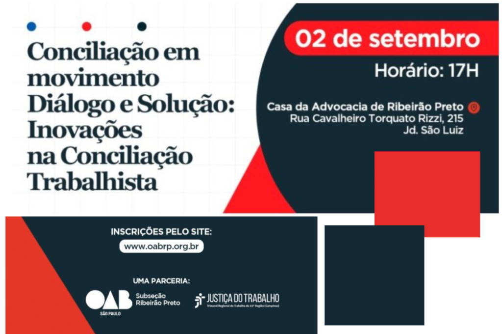 Cartaz de evento sobre conciliação trabalhista em Ribeirão Preto, marcado para 2 de setembro às 17h.