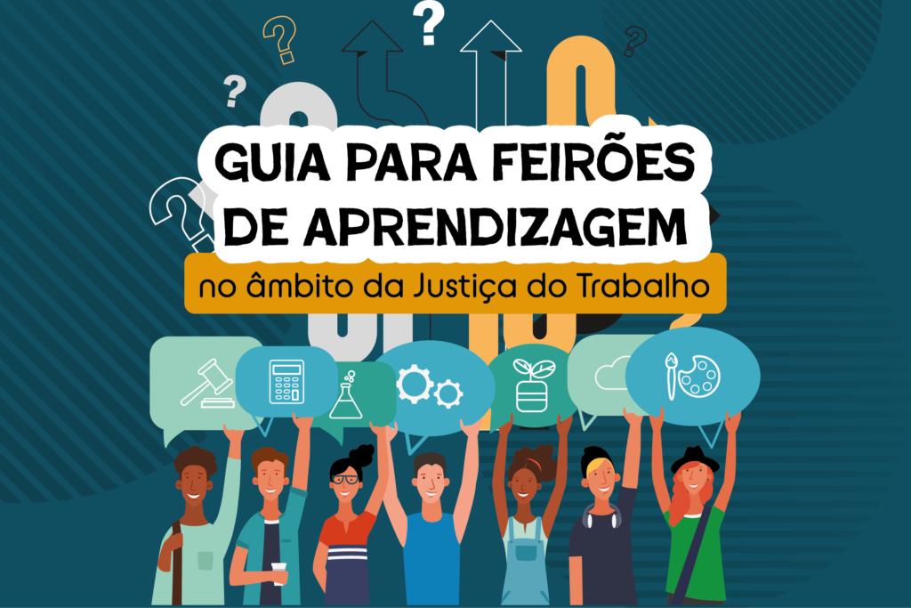Ilustração da Capa do Guia. Desenhas representando jovens diversos segurando um balão com símbolos de áreas de atuação.