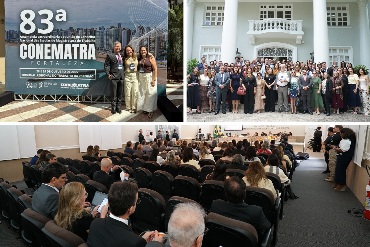 Todas as Notícias 6 Coletânea de fotografias, a primeira é com a presença de 2 mulheres e 1 homem com a 83ª Conematra; a segunda é com a presença de um conjunto de pessoas e a terceira é com pessoas sentadas assistindo uma cerimônia.