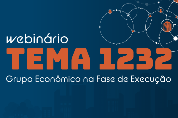 Banner institucional na cor azul escuro, com elementos gráficos em laranja e branco. No lado esquerdo, em destaque, aparece o título: Webinário TEMA 1232 Grupo Econômico na Fase de Execução, Data: 12 de dezembro, Horário: 14h às 17h,  Transmissão: YouTube Enamat. Na parte inferior esquerda do banner aparecem três logotipos: Execução Trabalhista, Enamat, Justiça do Trabalho. No lado direito da imagem, há uma composição gráfica de círculos interligados por linhas, formando uma representação de rede.