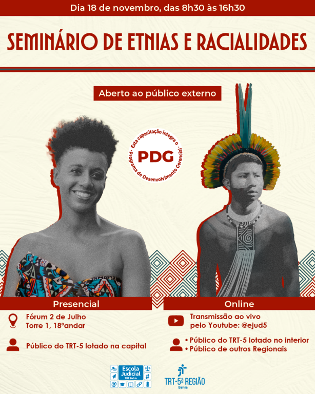 Seminário de Etnias e Racialidades do TRT-BA acontece na próxima terça (18/11) - CSJT2 10 Fotografia com a presença de um indígena e uma mulher com o assunto: Seminário de Etnias e Racialidades.