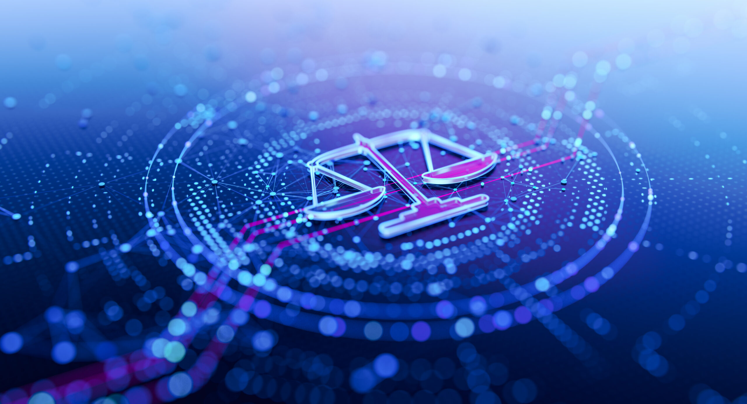 Imagem da balança da justiça em um fundo tecnológico