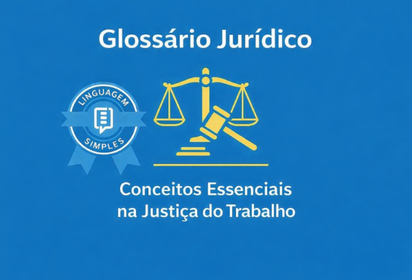 Ilustração de uma balança com um martelo na cor amarela, o selo da Linguagem Simples e o texto: Glossário Jurídico Conceitos Essenciais na Justiça do Trabalho.